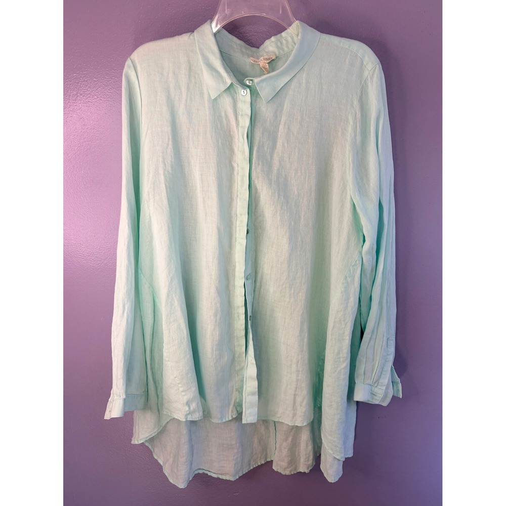 Eileen Fisher Organic Linen Button Front Shirt Green L Relaxed‎ Minimal Hi Low